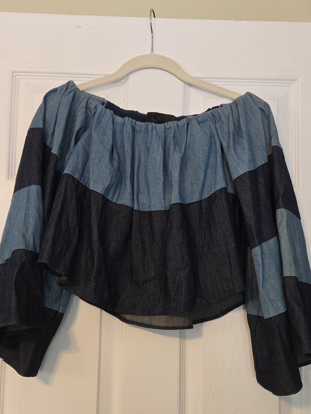 Kendall & Kylie Blue Two-Tone Striped Off-Shoulder Crop Top